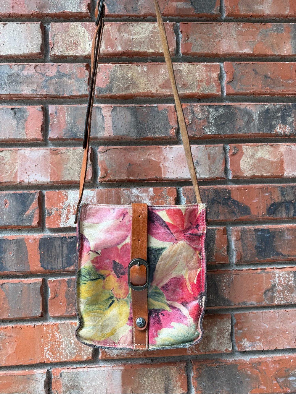 Patricia Nash Floral leather Crossbody Bag with Leather Strap - Pink & Yellow